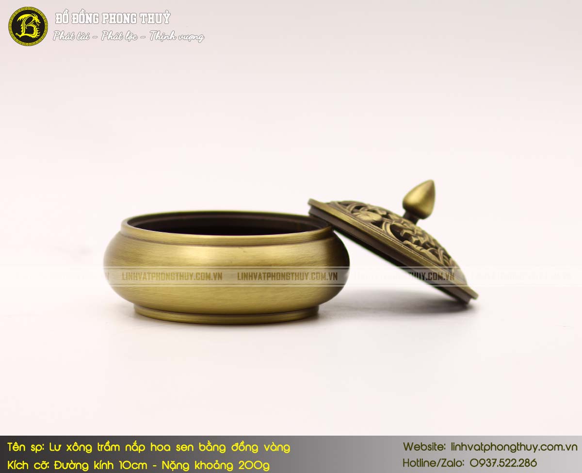 Lư Xông Trầm Nắp Hoa Sen Bằng Đồng Vàng Đk 10cm - XTPT002 5