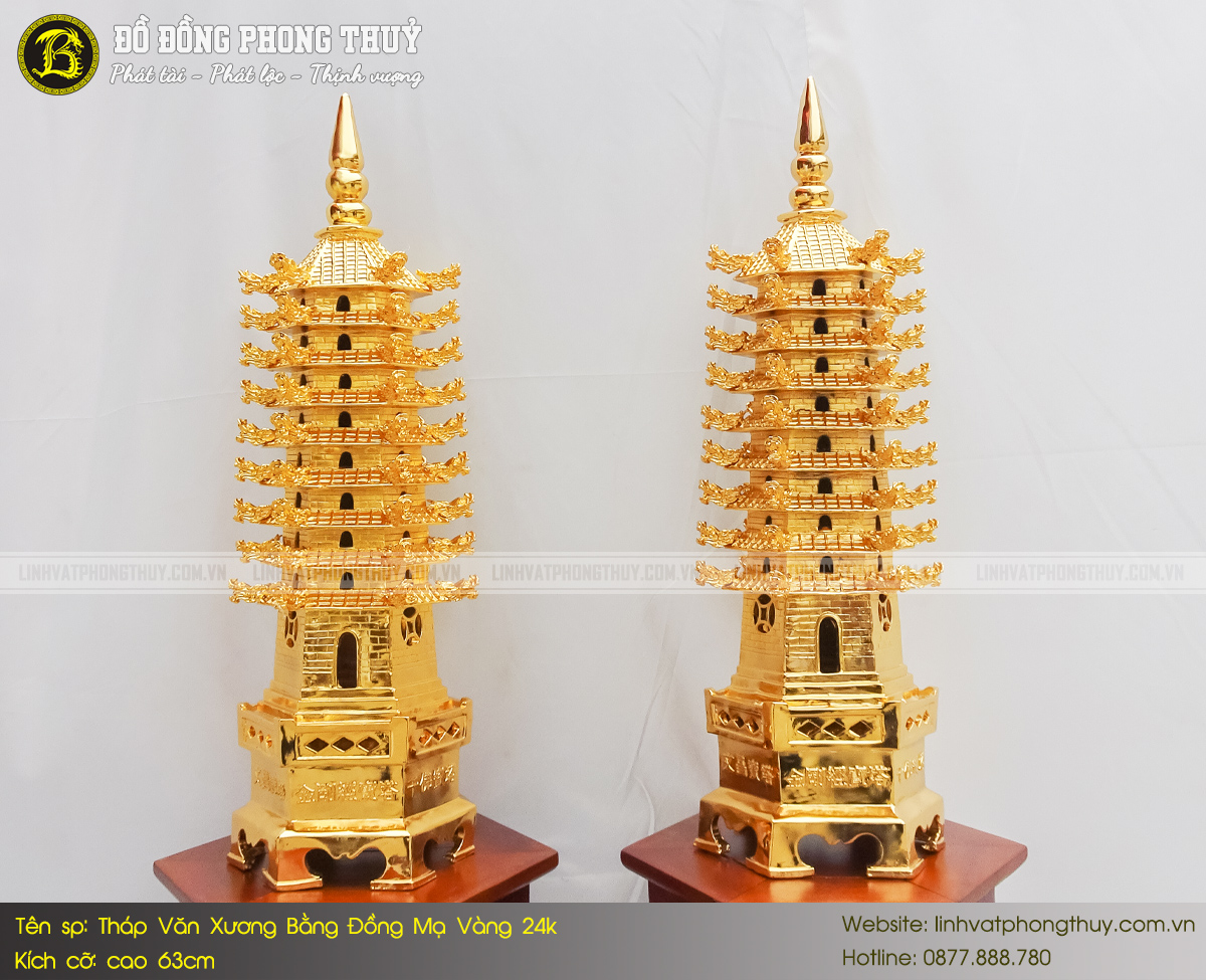 Tháp Văn Xương Bằng Đồng Cao 63cm Mạ Vàng 24k - Loại 9 Tầng 3