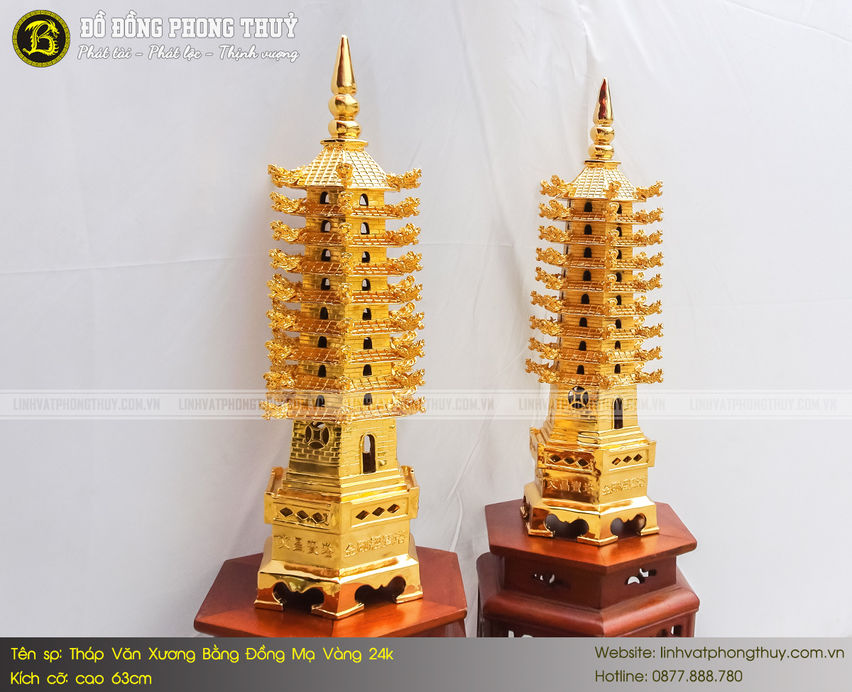 Tháp Văn Xương Bằng Đồng Cao 63cm Mạ Vàng 24k - Loại 9 Tầng 4