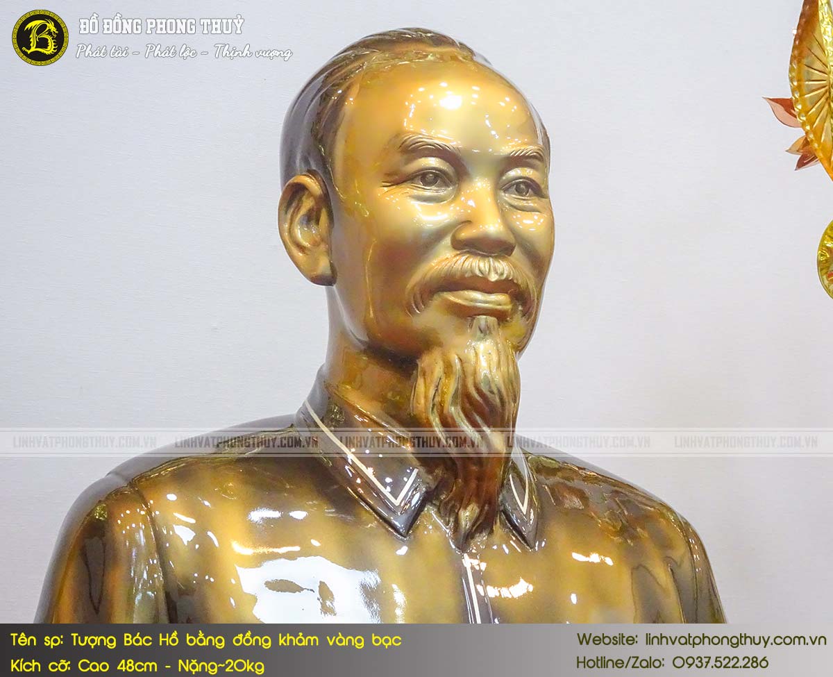Tượng Bán Thân Bác Hồ Bằng Đồng Khảm Vàng Bạc Cao 48cm - TBH015 4