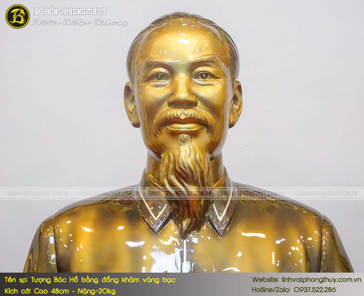 Tượng Bán Thân Bác Hồ Bằng Đồng Khảm Vàng Bạc Cao 48cm - TBH015 3