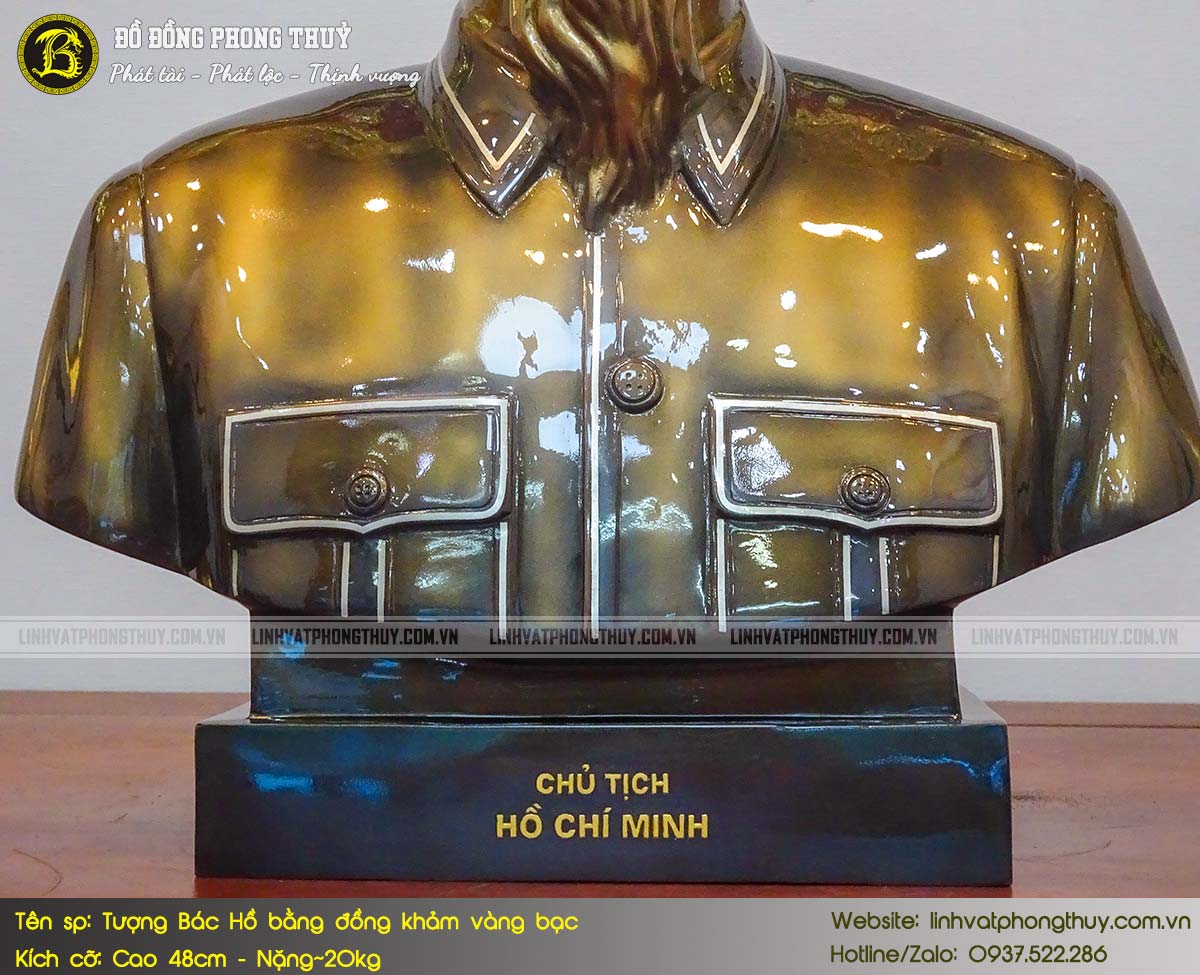 Tượng Bán Thân Bác Hồ Bằng Đồng Khảm Vàng Bạc Cao 48cm - TBH015 5