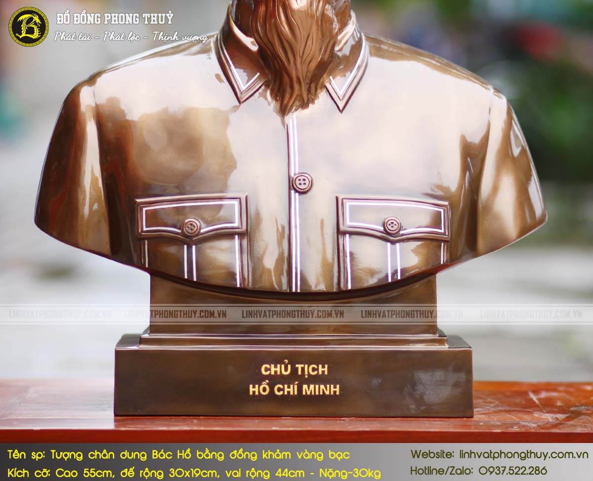 Tượng Bán Thân Bác Hồ Bằng Đồng Khảm Vàng Bạc Cao 55cm - TBH016 7