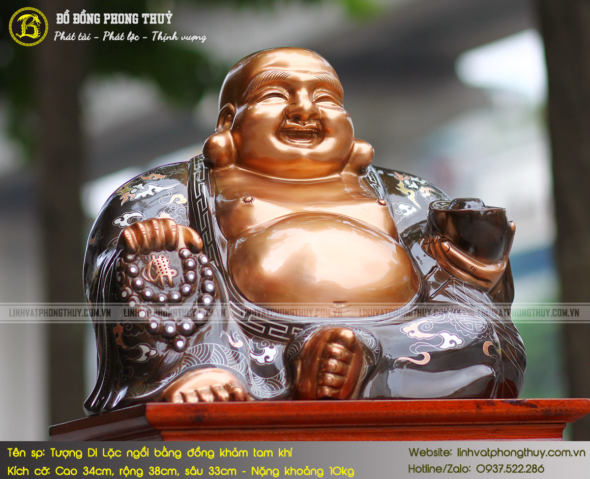 Tượng Phật Di Lặc Bằng Đồng Khảm Tam Khí Cao 34cm - TDL002 5