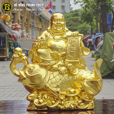 Tượng Phật Di Lặc Cưỡi Cá Chép Bằng Đồng Dát Vàng 9999 Cao 28cm - TDL014