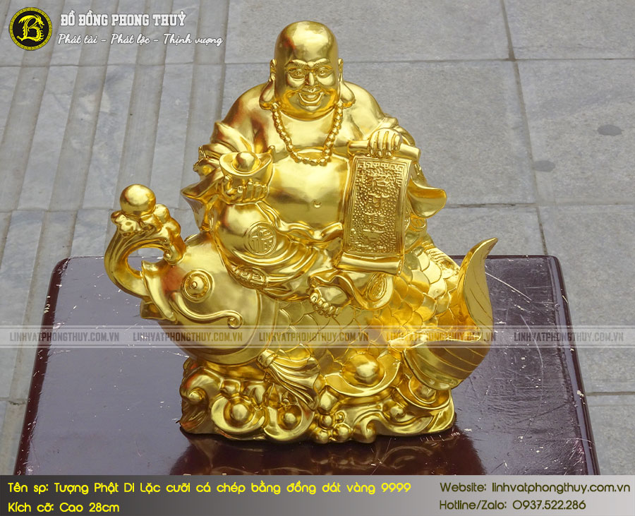 Tượng Phật Di Lặc Cưỡi Cá Chép Bằng Đồng Dát Vàng 9999 Cao 28cm 5