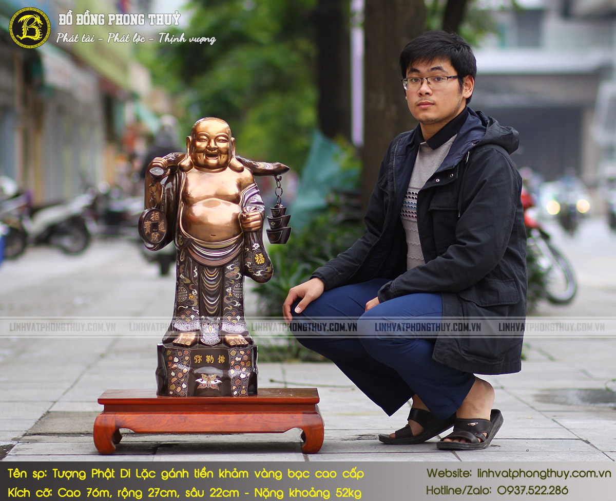 Tượng Phật Di Lặc Đứng Gánh Tiền Bằng Đồng Khảm Vàng Bạc Cao 76cm - TDL003 2
