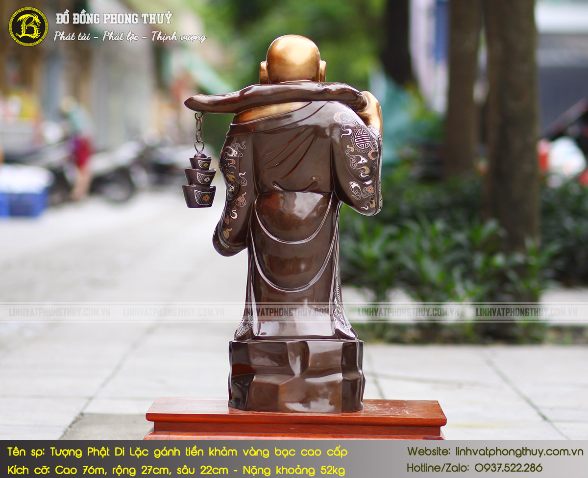 Tượng Phật Di Lặc Đứng Gánh Tiền Bằng Đồng Khảm Vàng Bạc Cao 76cm - TDL003 5