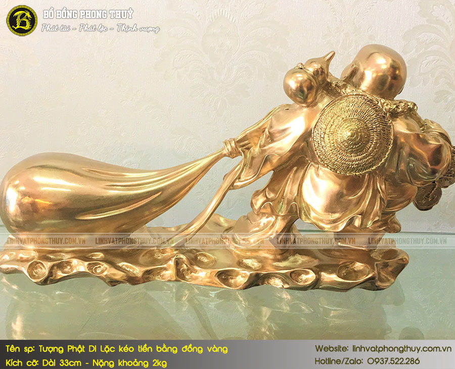 Tượng Phật Di Lặc Kéo Tiền Bằng Đồng Vàng Dài 33cm - TDL016 3