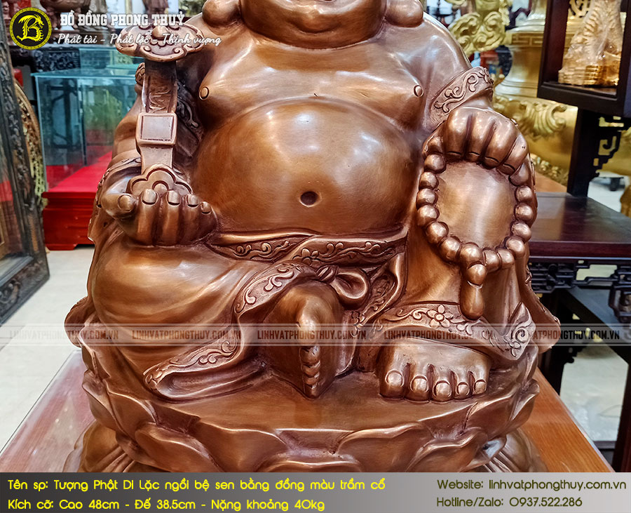Tượng Phật Di Lặc Ngồi Bệ Sen Bằng Đồng Đỏ Màu Trầm Cổ Cao 48cm - TDL008 4