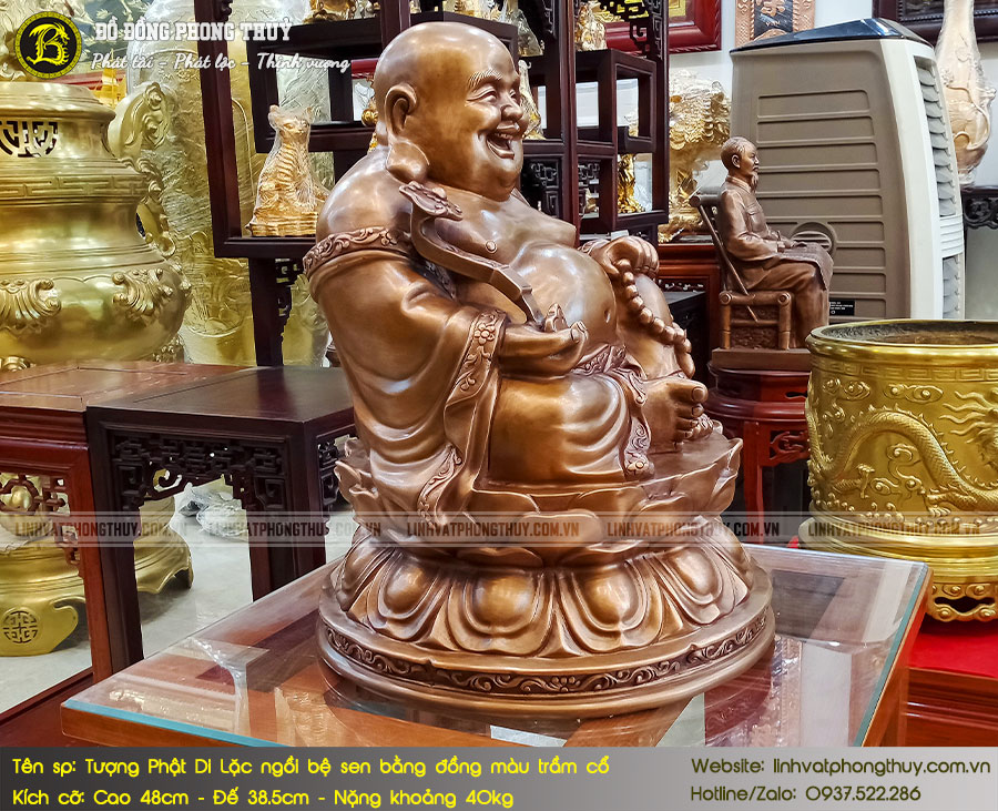 Tượng Phật Di Lặc Ngồi Bệ Sen Bằng Đồng Đỏ Màu Trầm Cổ Cao 48cm - TDL008 7