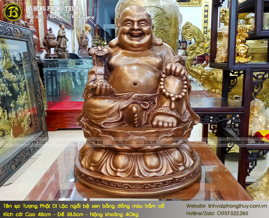 Tượng Phật Di Lặc Ngồi Bệ Sen Bằng Đồng Đỏ Màu Trầm Cổ Cao 48cm - TDL008 2