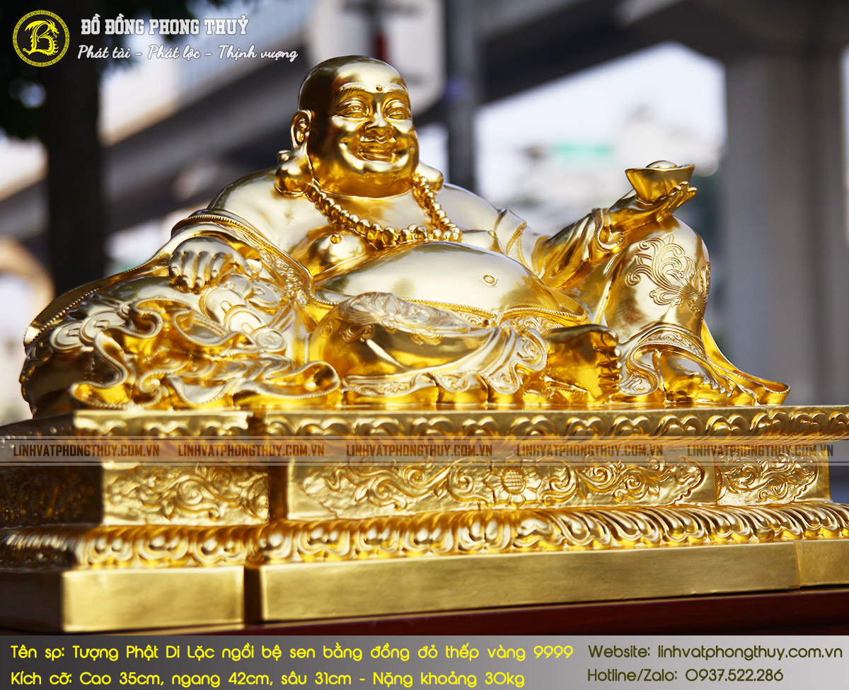 Tượng Phật Di Lặc Ngồi Bệ Sen Bằng Đồng Đỏ Cao 35cm Dát Vàng 9999 - TDL005 3