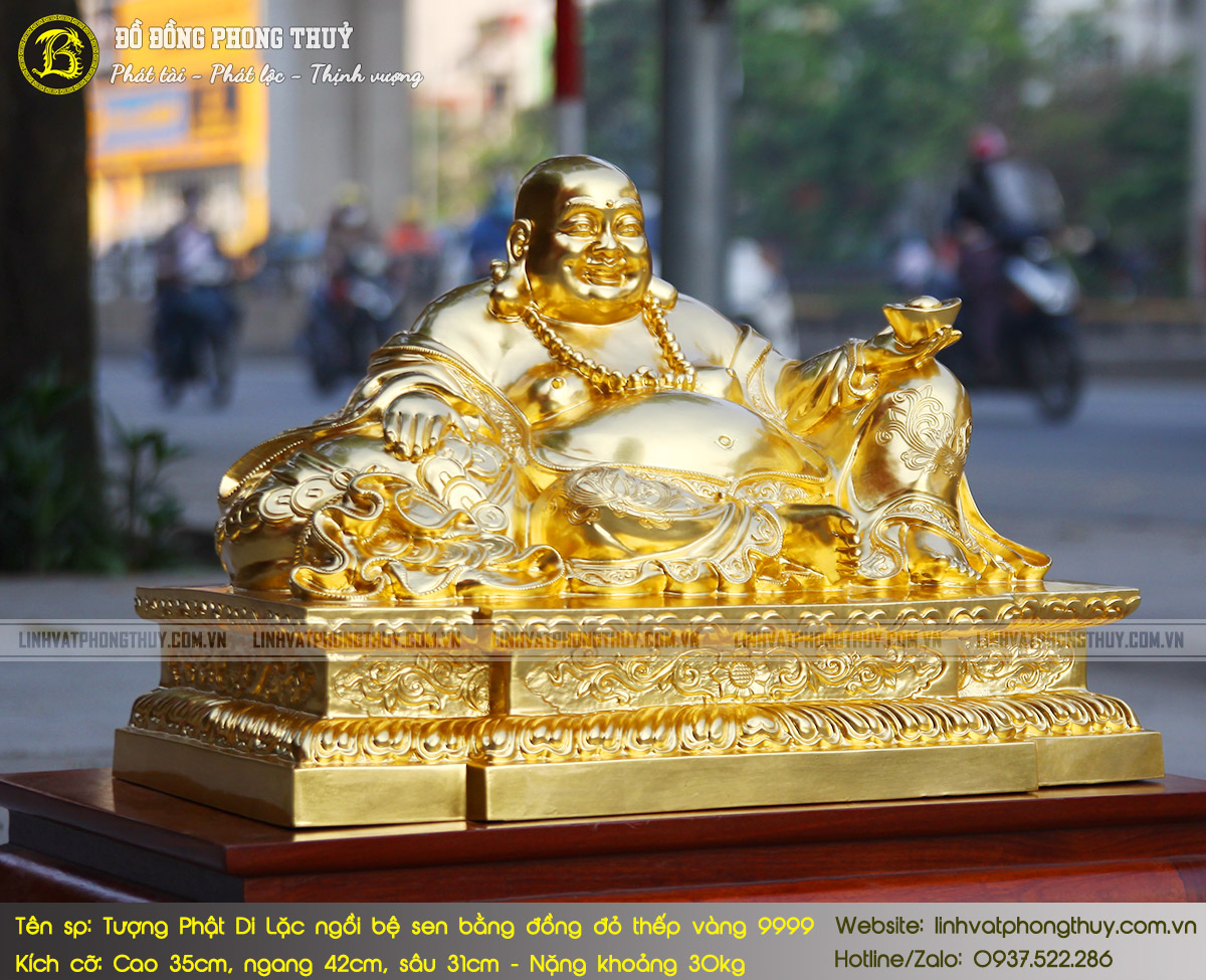 Tượng Phật Di Lặc Ngồi Bệ Sen Bằng Đồng Đỏ Cao 35cm Dát Vàng 9999 - TDL005 5