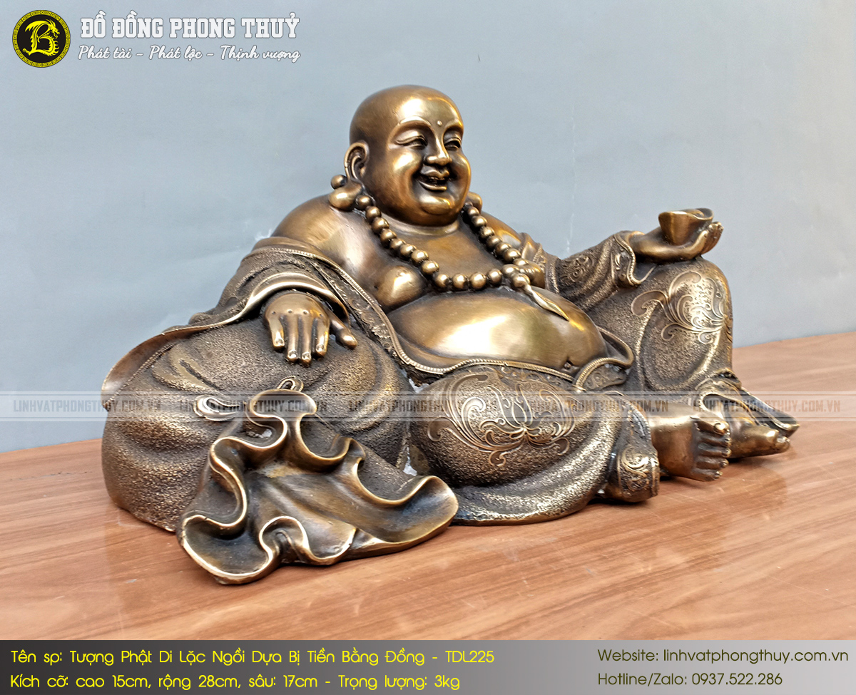 Tượng Phật Di Lặc Ngồi Dựa Bị Tiền Bằng Đồng Dài 28cm - TDL225 4