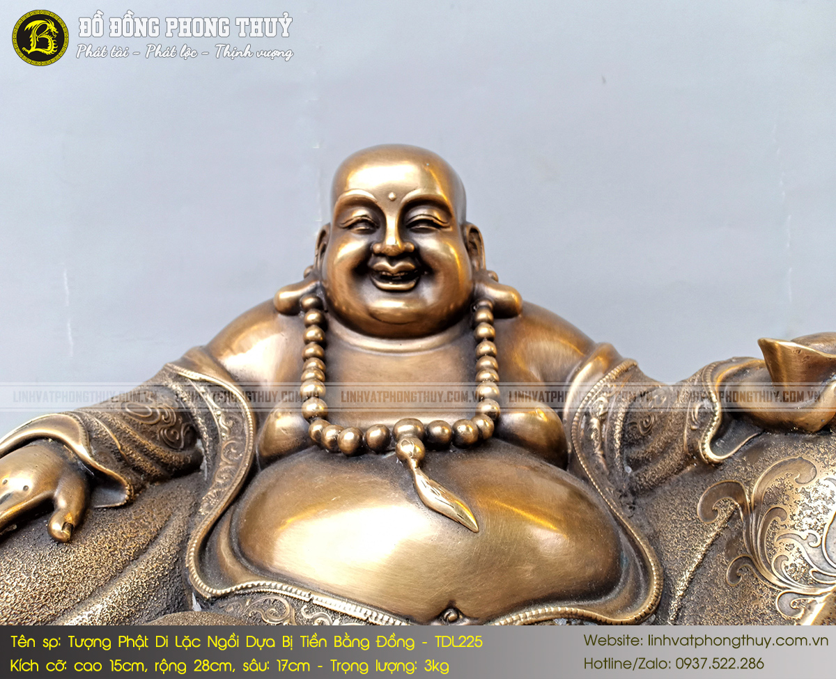 Tượng Phật Di Lặc Ngồi Dựa Bị Tiền Bằng Đồng Dài 28cm - TDL225 6