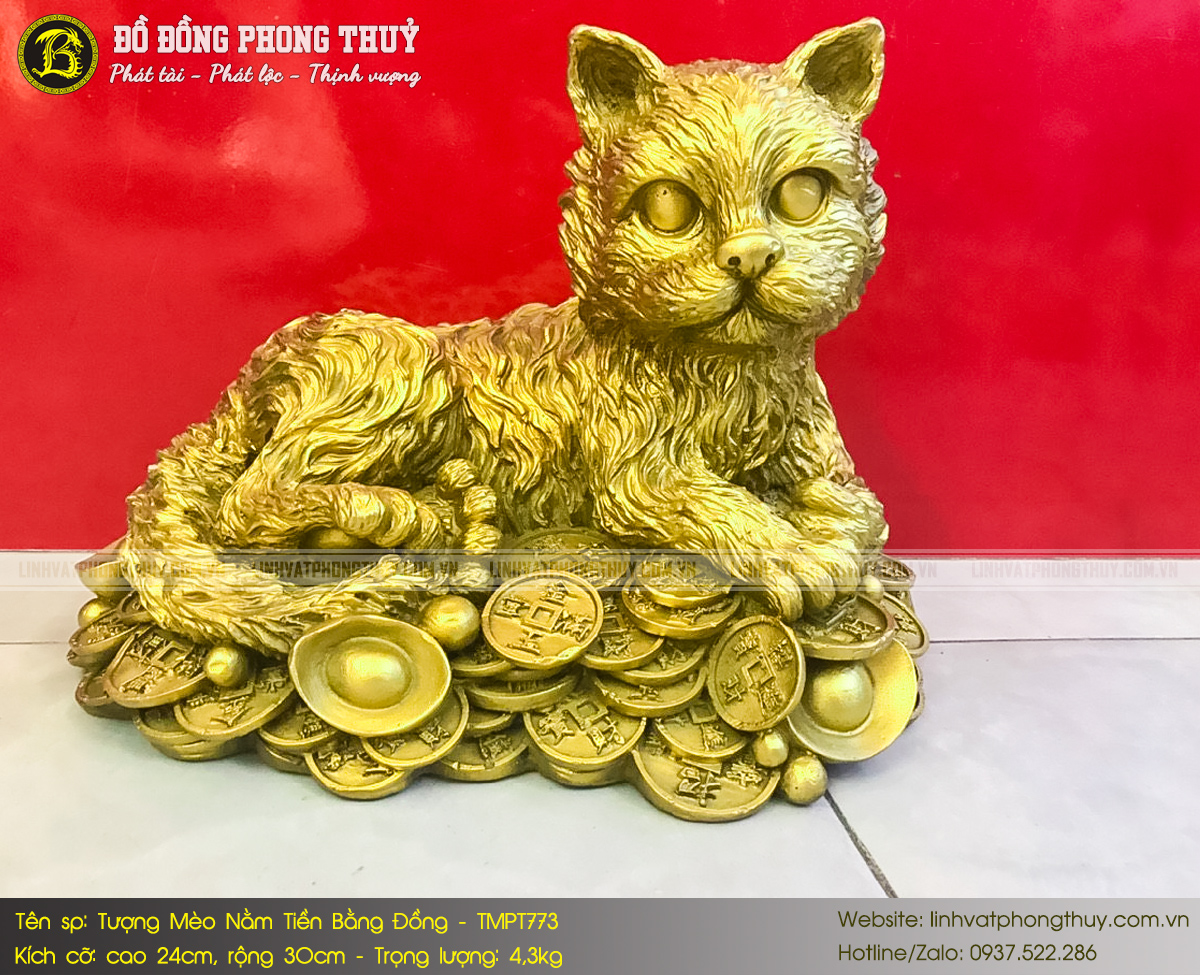 Tượng Mèo Nằm Trên Tiền Bằng Đồng Cao 24cm - TMPT773 2