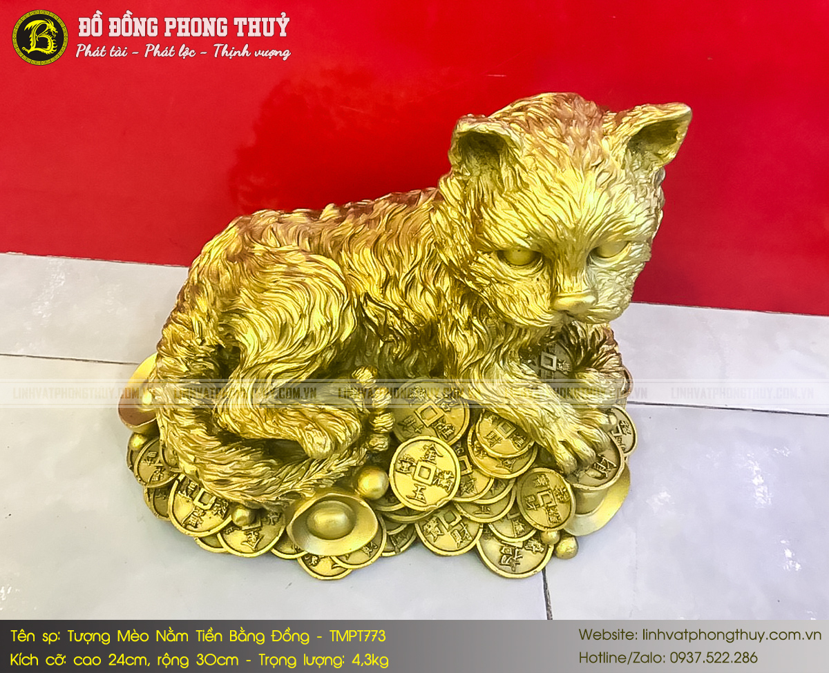 Tượng Mèo Nằm Trên Tiền Bằng Đồng Cao 24cm - TMPT773 4