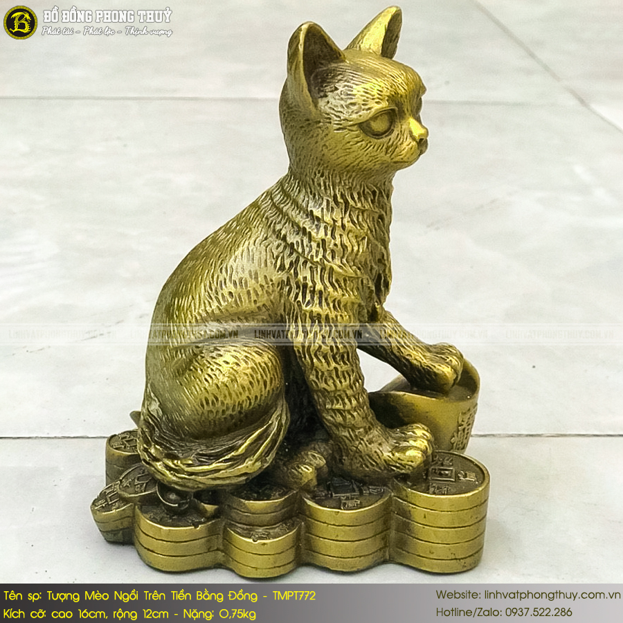 tượng mèo ngồi trên tiền bằng đồng cao 16cm