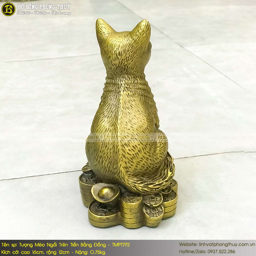 Tượng Mèo Ngồi Trên Tiền Bằng Đồng Cao 16cm - TMPT772 5