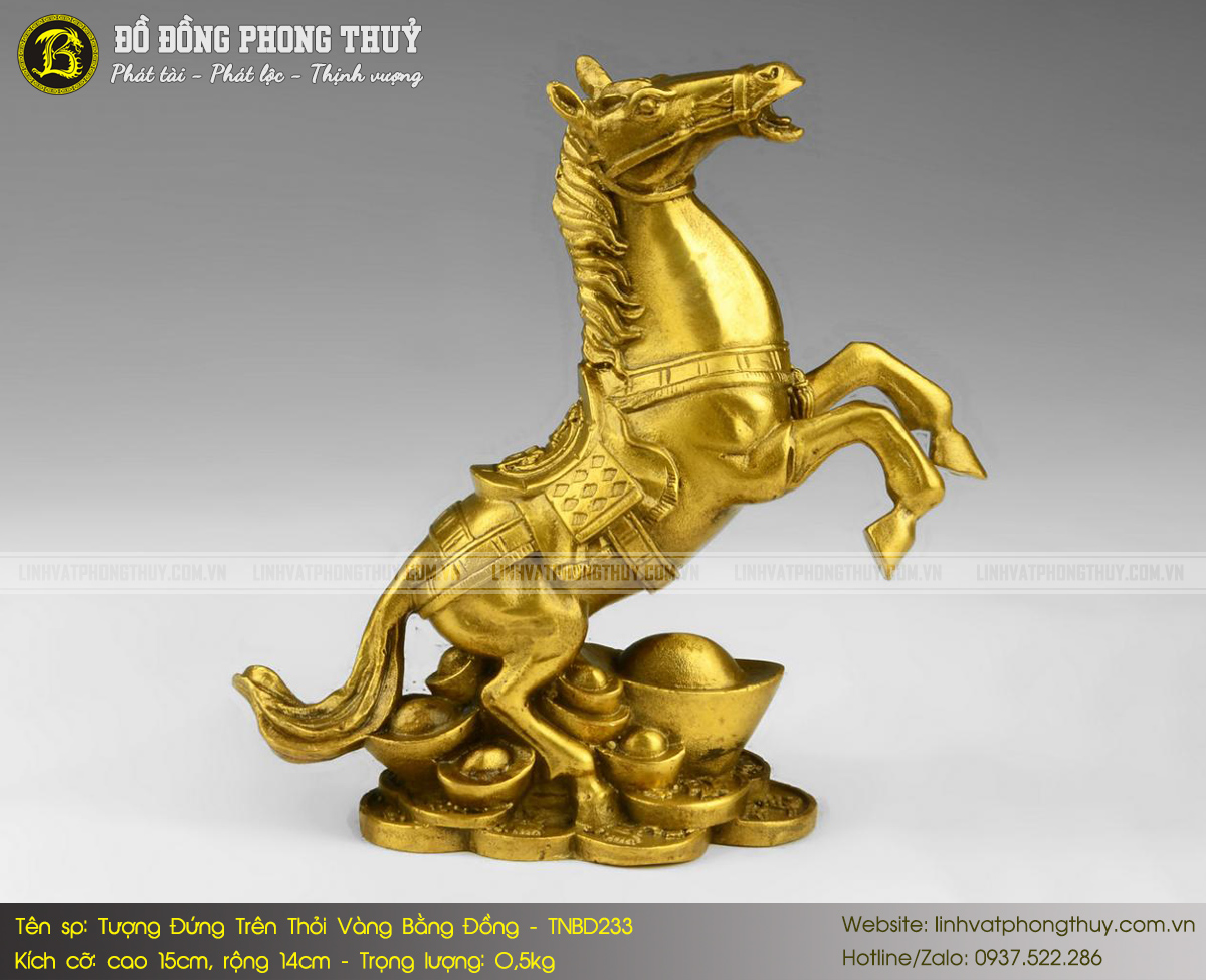 Tượng Ngựa Đứng Trên Thỏi Vàng Bằng Đồng Cao 15cm - TNBD233 3