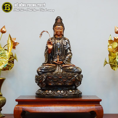 Tượng Phật Quan Âm Cầm Cành Liễu Bằng Đồng Khảm Vàng Bạc Cao 61cm - TP008
