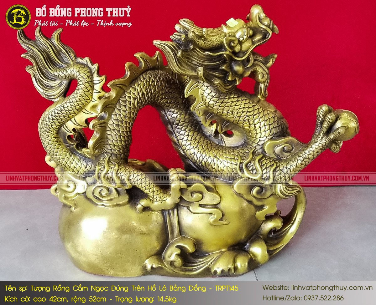 Tượng Rồng Cầm Ngọc Đứng Trên Hồ Lô Bằng Đồng - TRPT145 3