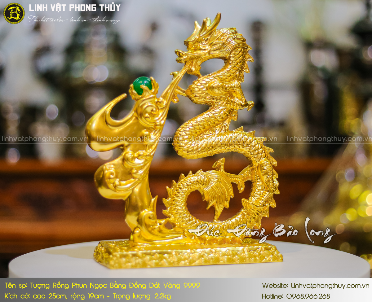 Tượng Rồng Phun Ngọc Bằng Đồng Cao 25cm Dát Vàng 9999 3