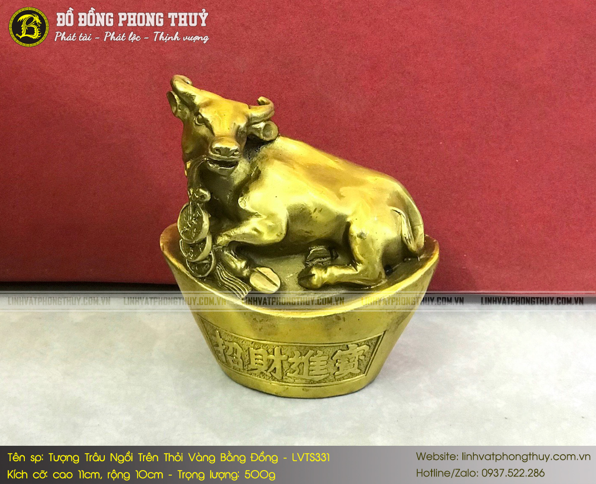 Tượng Trâu Ngồi Trên Thỏi Vàng Bằng Đồng Cao 11cm - LVTS331 2
