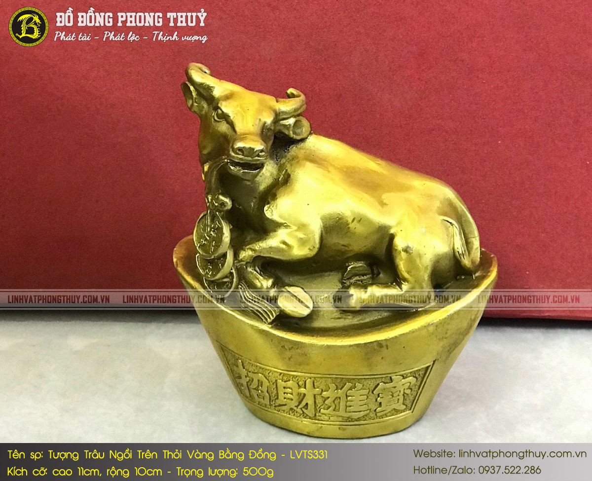 Tượng Trâu Ngồi Trên Thỏi Vàng Bằng Đồng Cao 11cm - LVTS331 3