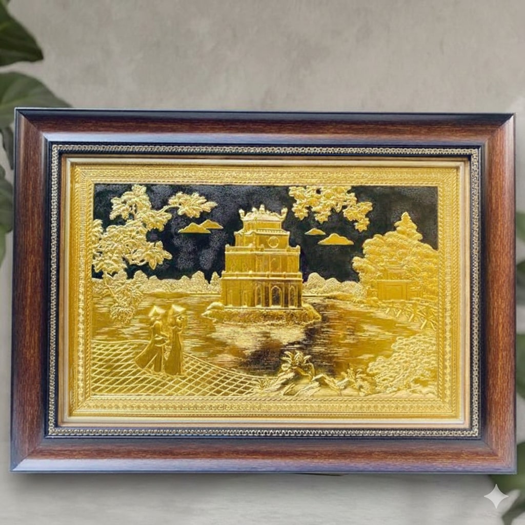 Tranh Hồ Gươm Tháp Rùa bằng đồng dát vàng nền đen - Quà tặng cao cấp