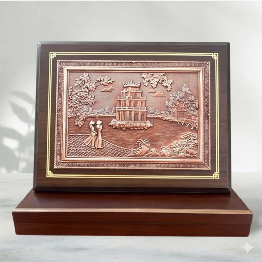 Tranh Tháp Rùa Hồ Gươm Bằng Đồng Đỏ (để bàn) - Quà Tặng Lưu Niệm cao cấp