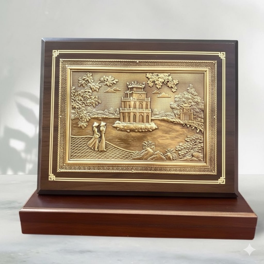 Tranh Tháp Rùa Hồ Gươm Bằng Đồng Vàng (để bàn) - Quà Tặng Lưu Niệm cao cấp