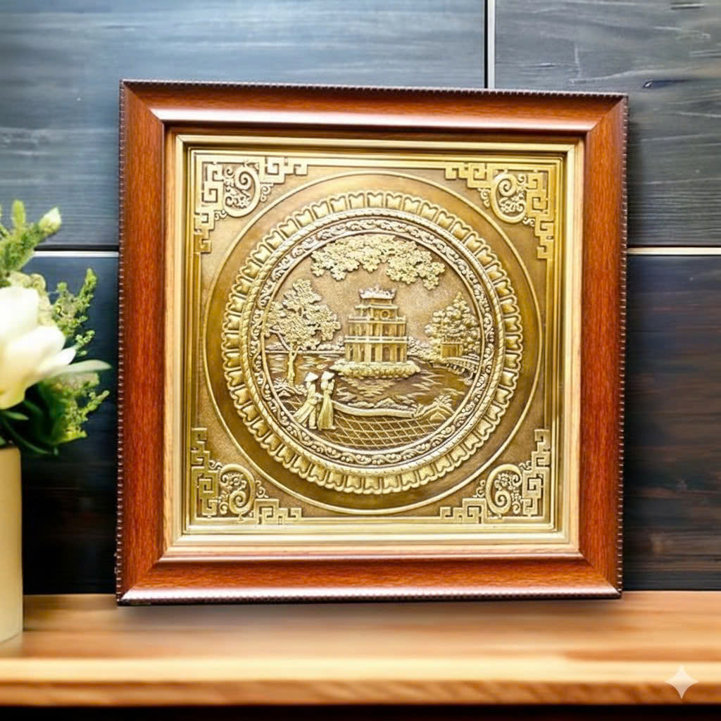 Tranh Tháp Rùa Hồ Gươm bằng đồng màu giả cổ ( để bàn) - Quà Tặng Lưu Niệm cao cấp 
