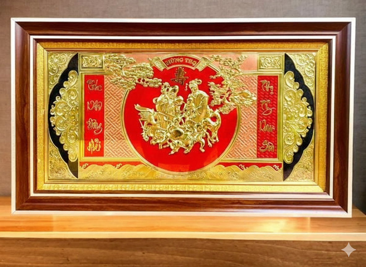 QUÀ TẶNG TRANH MỪNG THỌ ÔNG BÀ BẰNG ĐỒNG, MẠ VÀNG Kích thước 52cm x 92cm