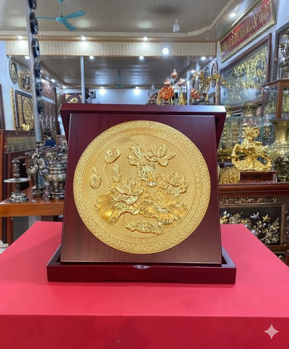 Tranh Hộp Quà Tặng Hoa Sen Bằng Đồng Dát Vàng 23cm