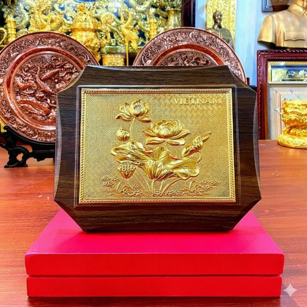 Tranh Hộp quà tặng hoa sen mạ vàng kt 20cm x 25cm 