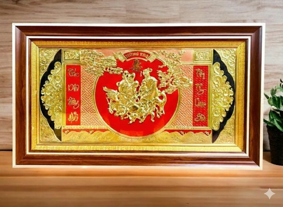QUÀ TẶNG TRANH MỪNG THỌ ÔNG BÀ BẰNG ĐỒNG, MẠ VÀNG, Kích thước 42cm x 72cm