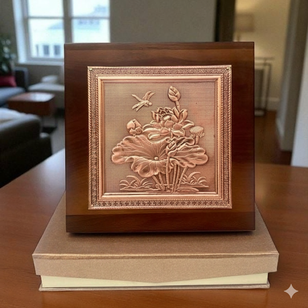 Tranh hộp quà tặng hoa sen bằng đồng đỏ kt 20cm x 20cm 