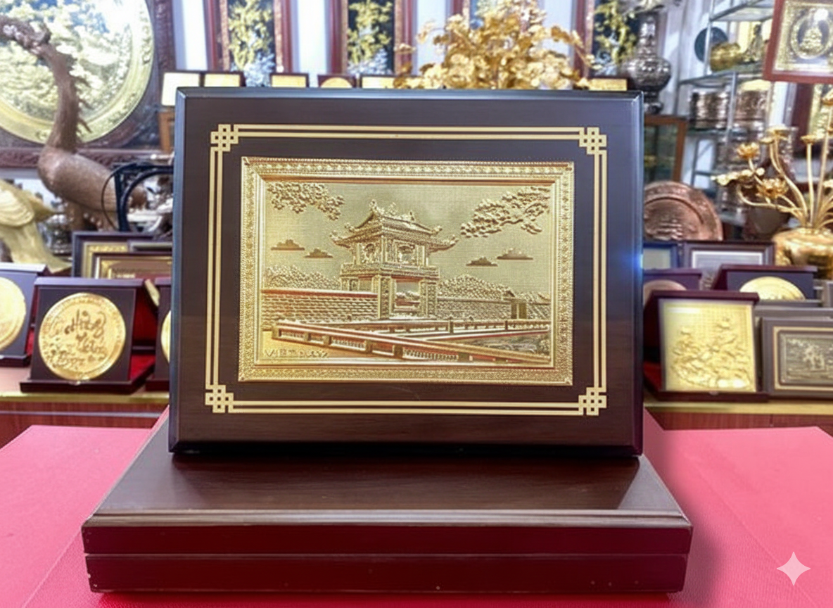Tranh Hộp Khuê Văn Các bằng đồng dát vàng - Quà lưu niệm cao cấp 