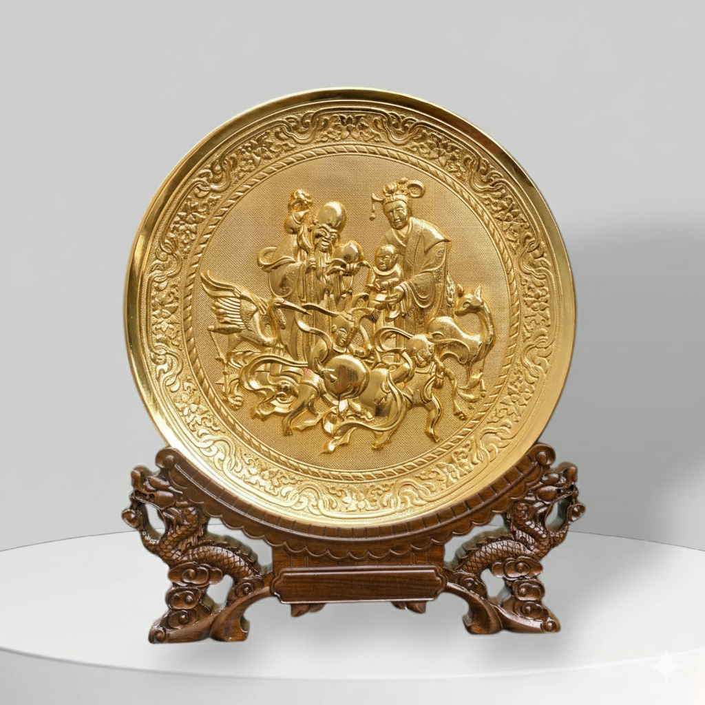 QUÀ TẶNG TRANH ĐĨA MỪNG THỌ, CHÚC THỌ BẰNG ĐỒNG MẠ VÀNG ĐK 25cm