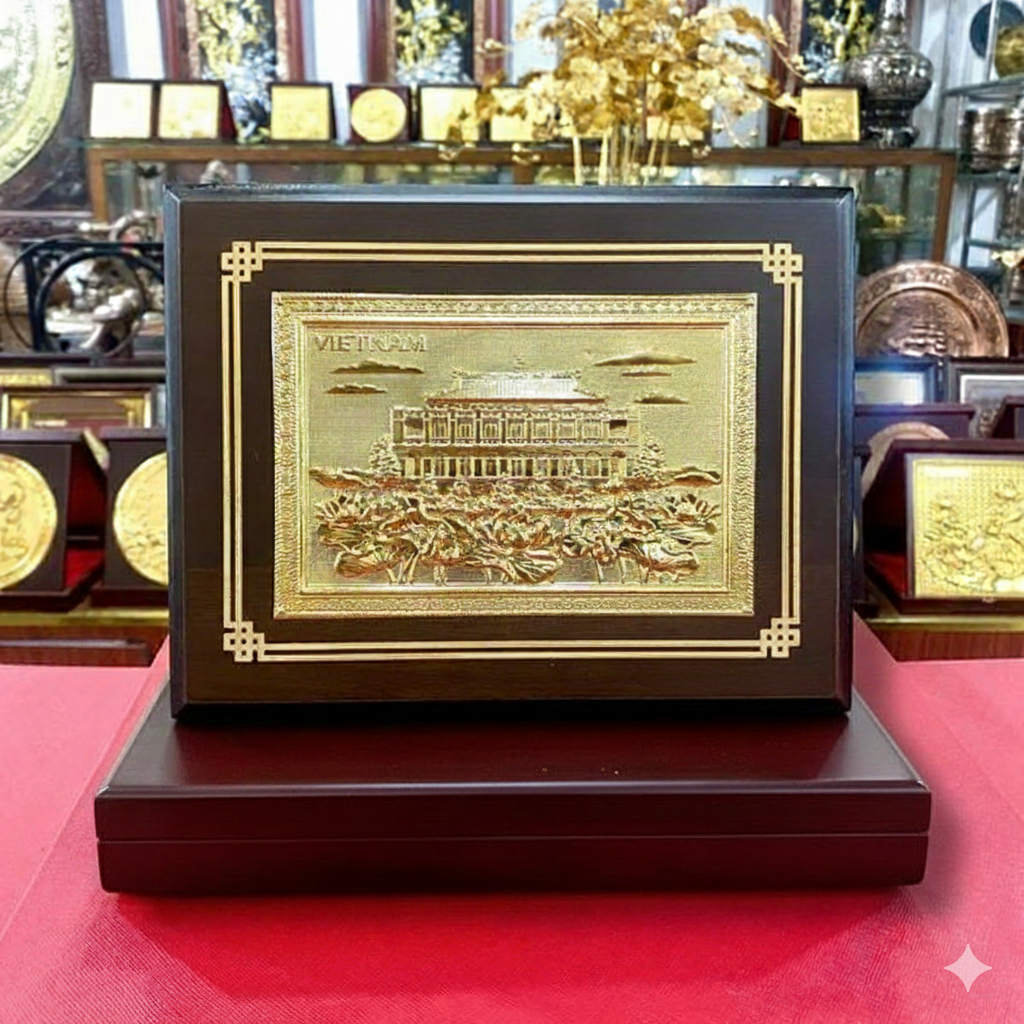 Tranh hộp Bến Nhà Rồng bằng đồng dát vàng - Quà tặng lưu niệm cao cấp 