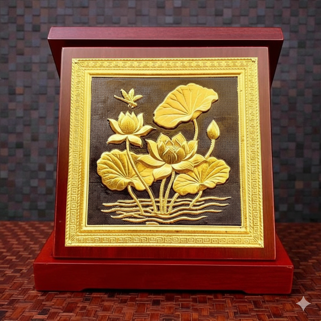 Tranh Hộp Quà Tặng Hoa Sen Bằng Đồng Mạ Vàng 18cm