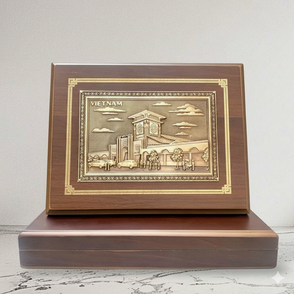 Tranh hộp Chợ Bến Thành bằng đồng - Quà tặng lưu niệm cao cấp 