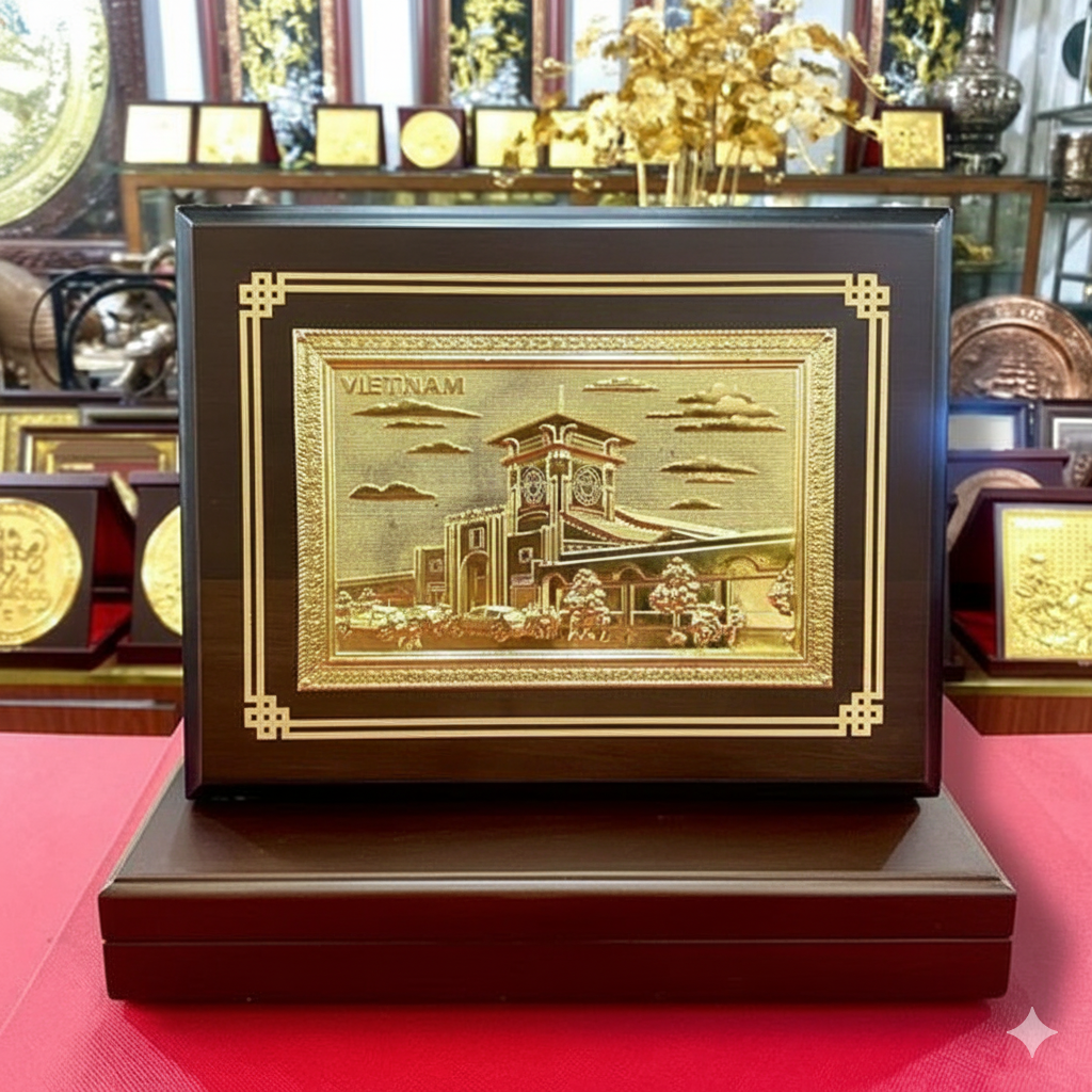 Tranh hộp Chợ Bến Thành dát vàng - Quà tặng lưu niệm cao cấp 