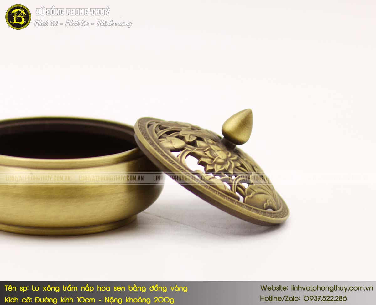 lư xông trầm mẫu nắp Hoa Sen bằng đồng vàng đk 10cm