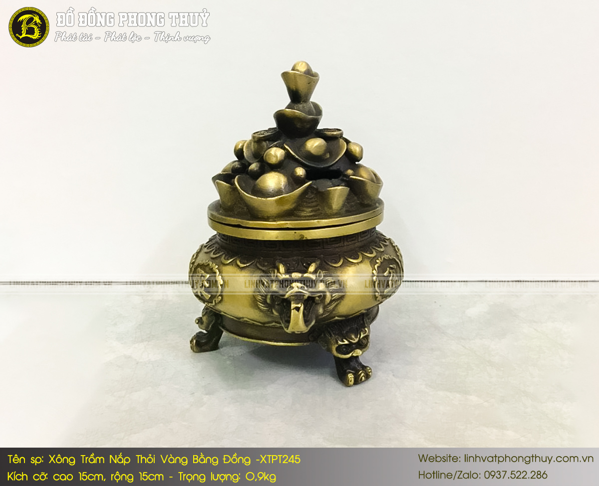Lư Xông Trầm Nắp Thỏi Vàng Bằng Đồng Cao 15cm - XTPT245 2