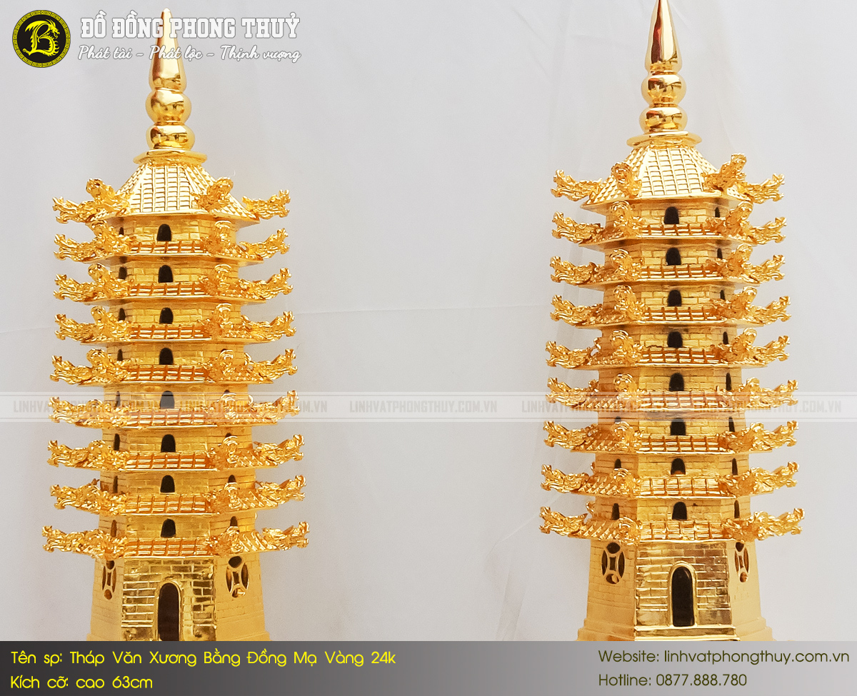 Tháp Văn Xương Bằng Đồng Cao 63cm Mạ Vàng 24k - Loại 9 Tầng 6