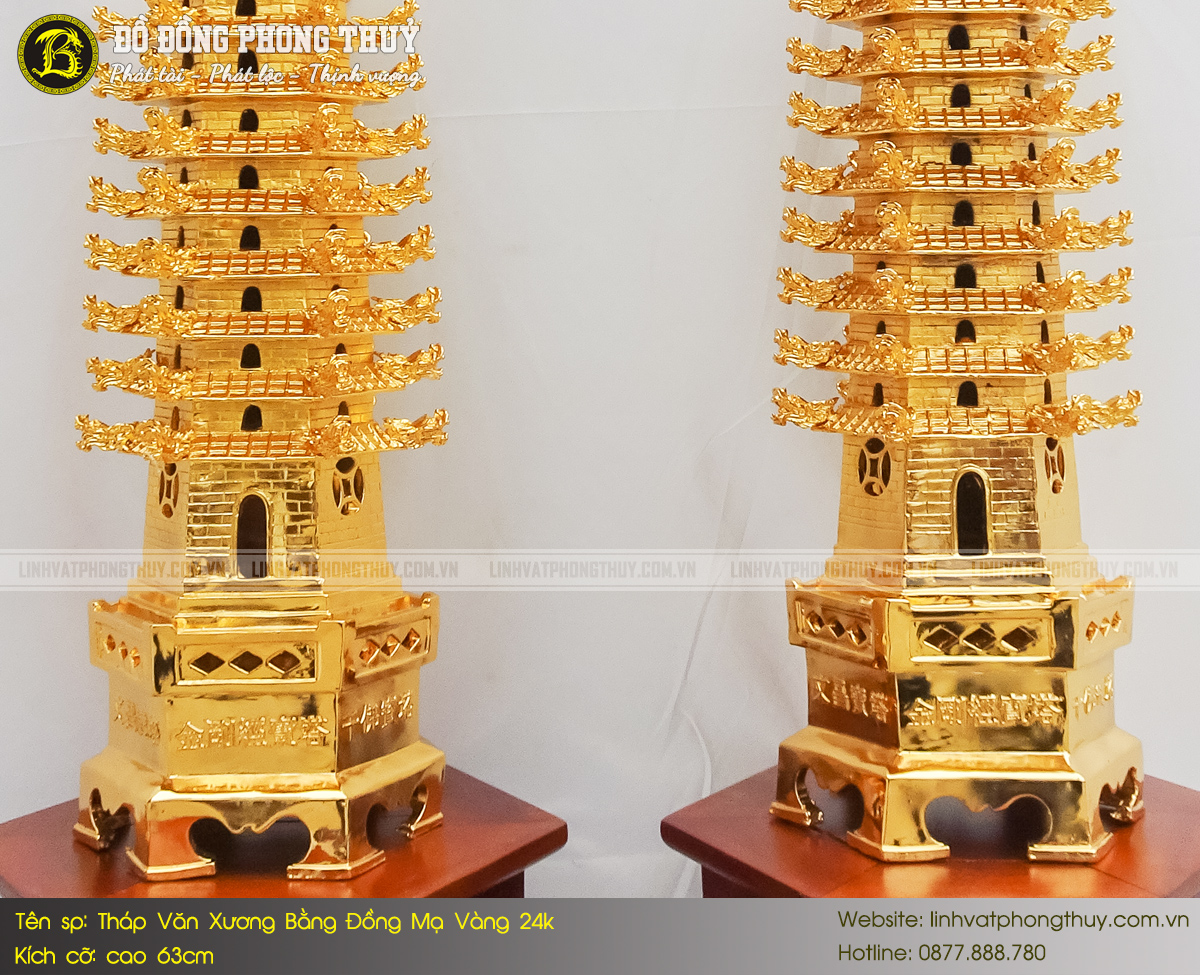 Tháp Văn Xương Bằng Đồng Cao 63cm Mạ Vàng 24k - Loại 9 Tầng 7
