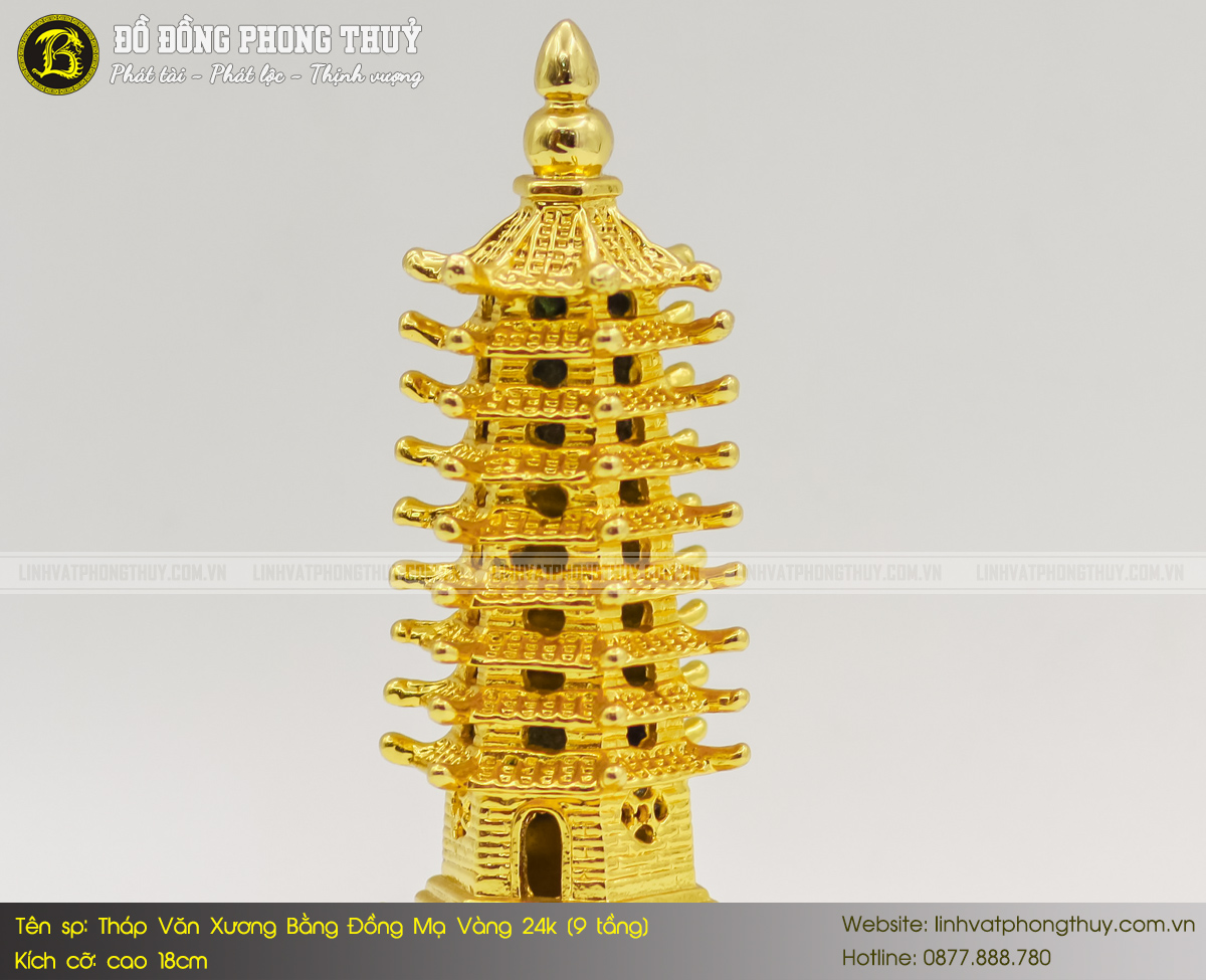 tháp văn xương 9 tầng bằng đồng cao 18cm mạ vàng 24k
